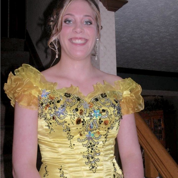 Uniquely Yours,Yellow Embellished Ballgown Prom Dress, corset back & OTS detail - Picture 4 of 8